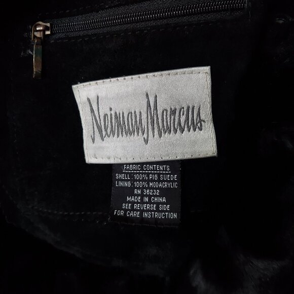 Vintage Neiman Marcus Black Suede Coat w/ Faux Fur Lining. Women's L - Picture 5 of 7